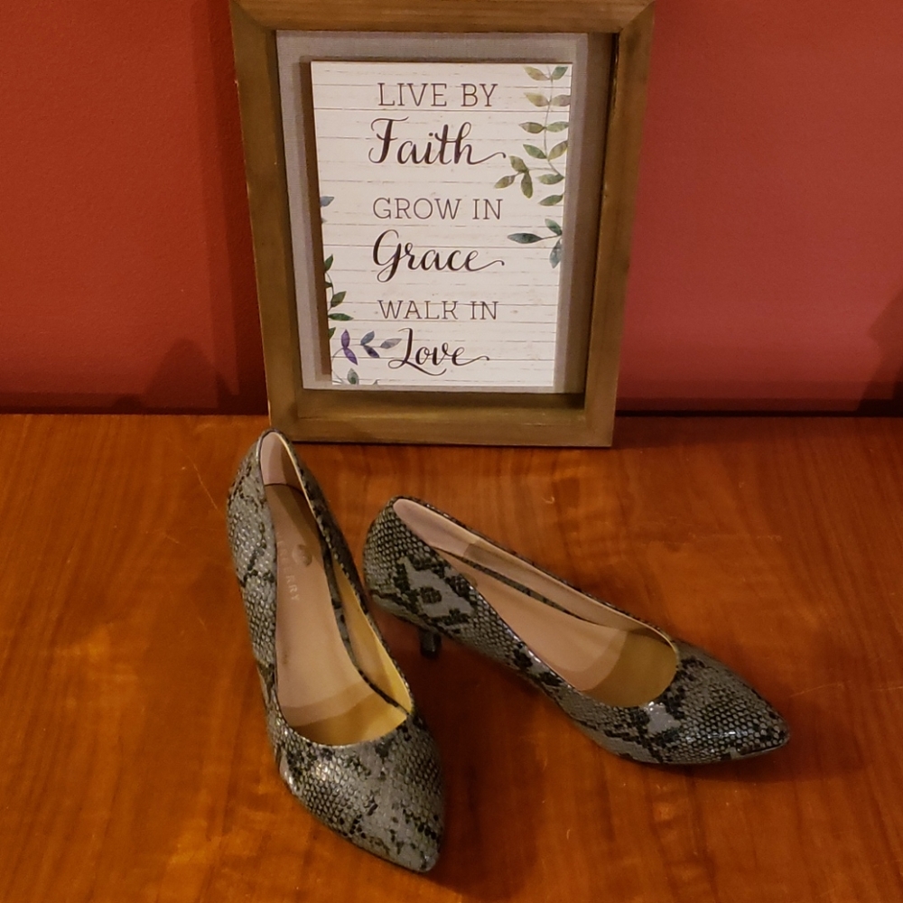 Grey Snake Skin Kitten Heels